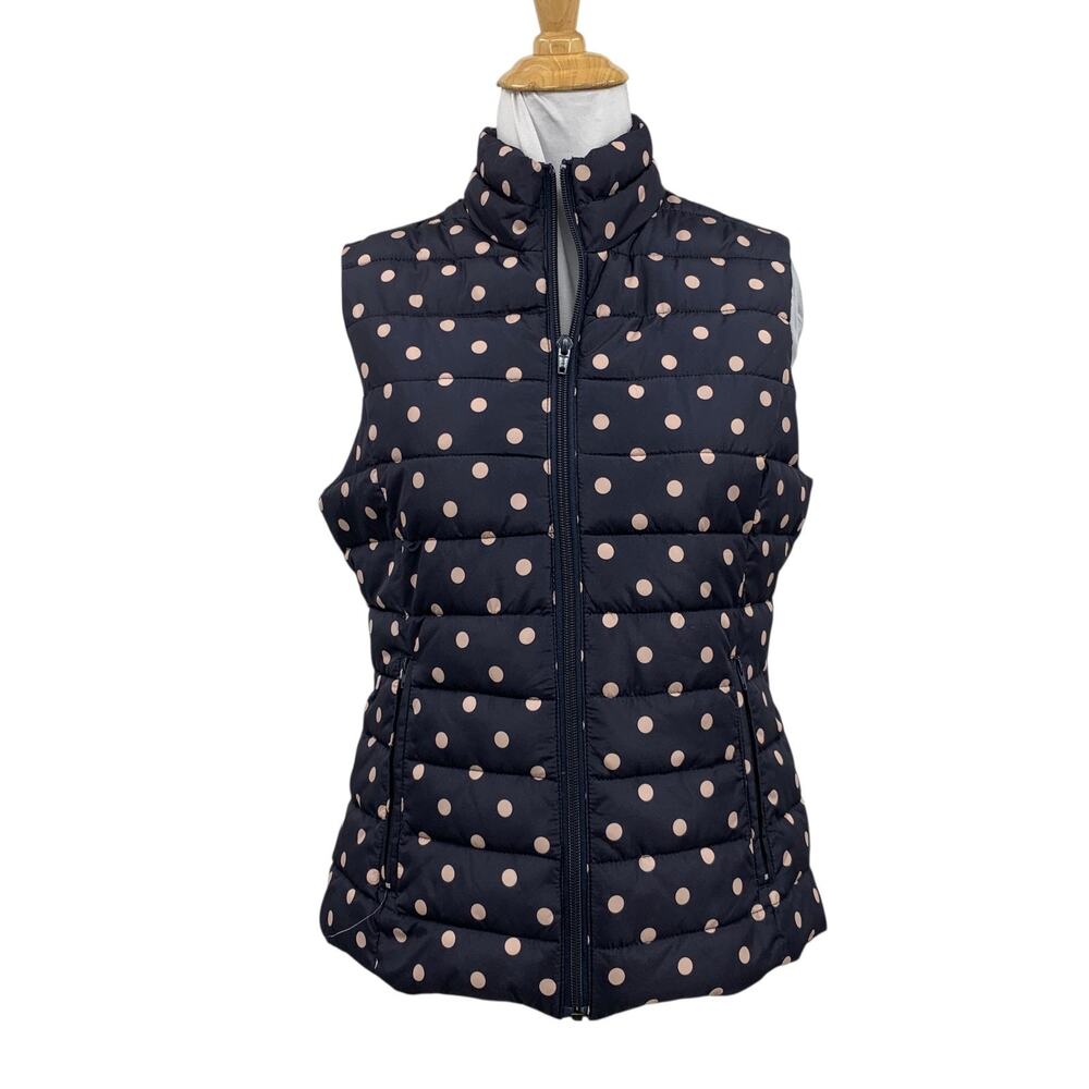 Colebrook Essentials Vest Womens S Small Navy Pink Polka Dots Quilted Zip Puffer